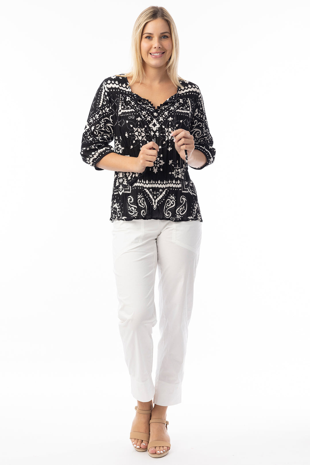 Orientique 82227 Black Bandana Print Tie Neck Top