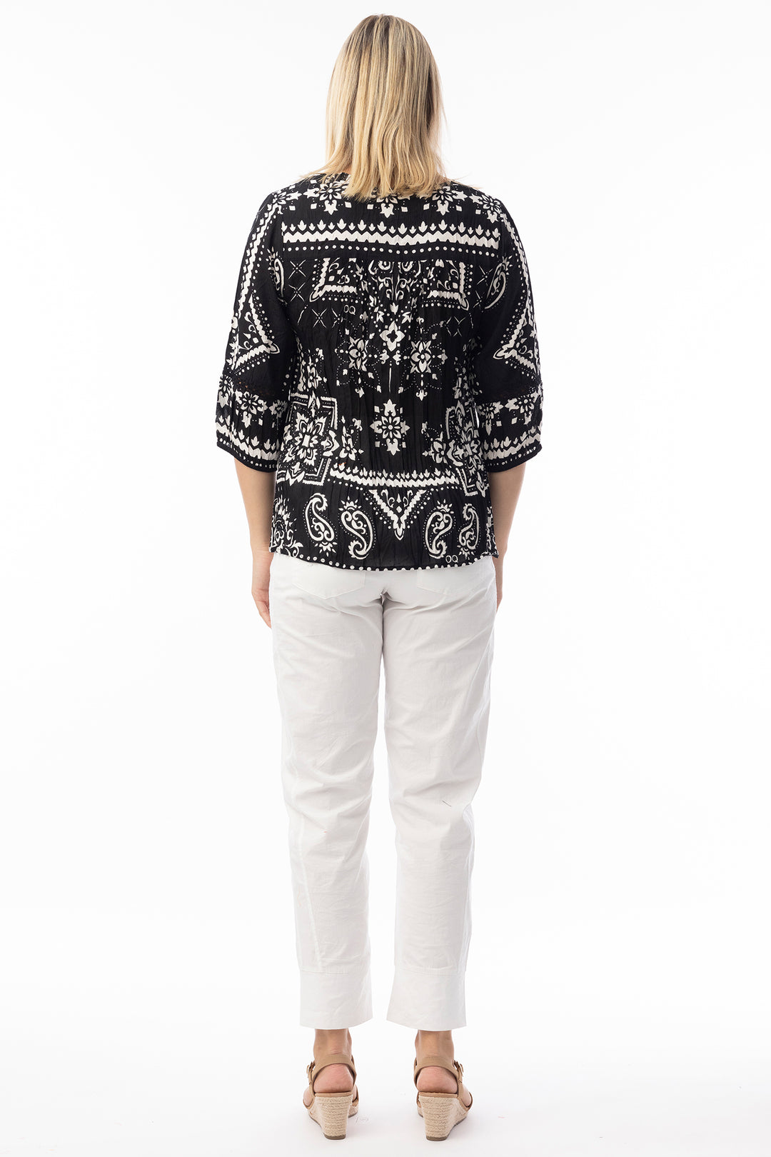 Orientique 82227 Black Bandana Print Tie Neck Top