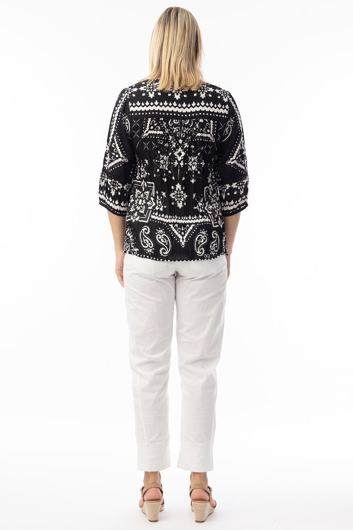 Orientique 82227 Black Bandana Print Tie Neck Top