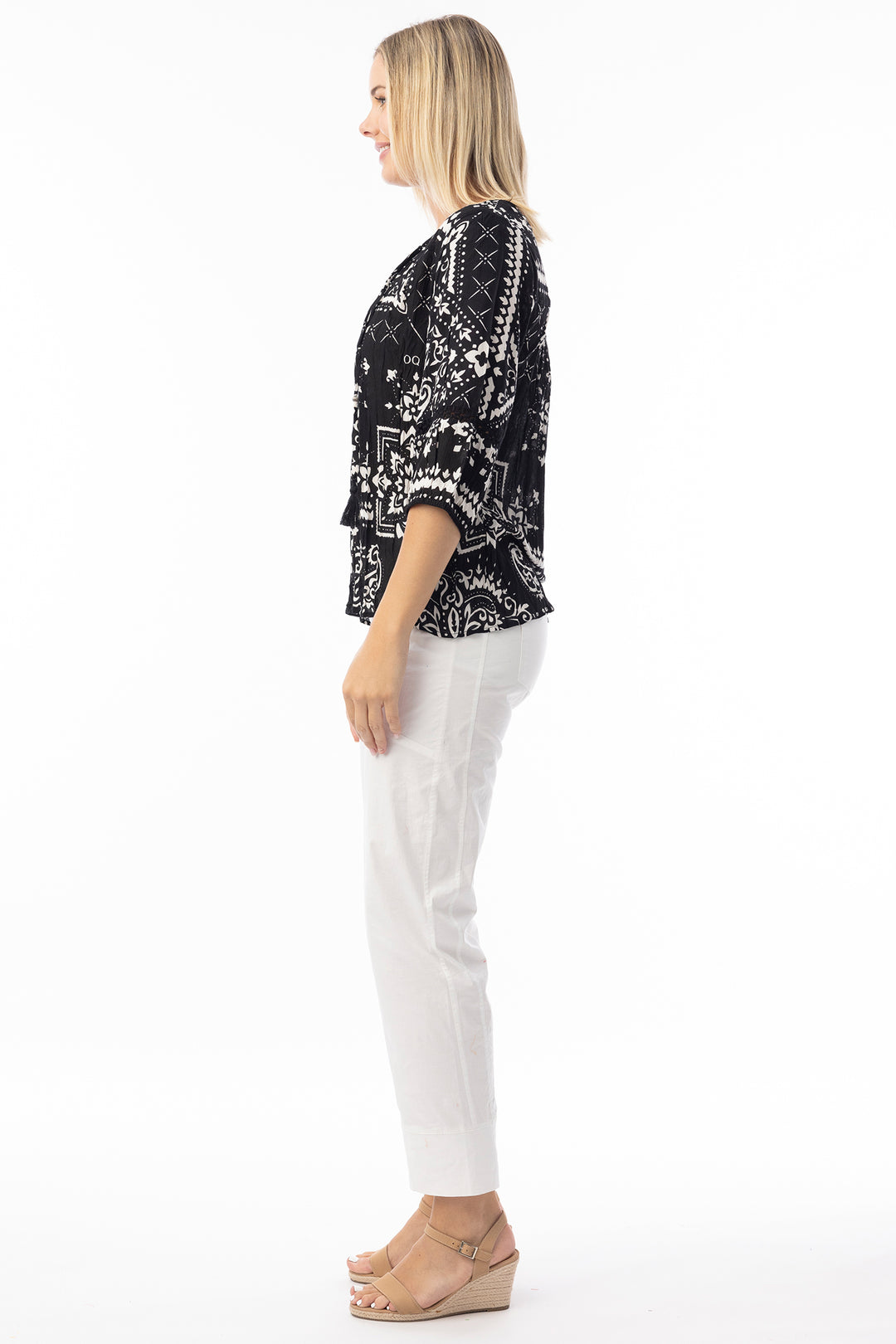 Orientique 82227 Black Bandana Print Tie Neck Top