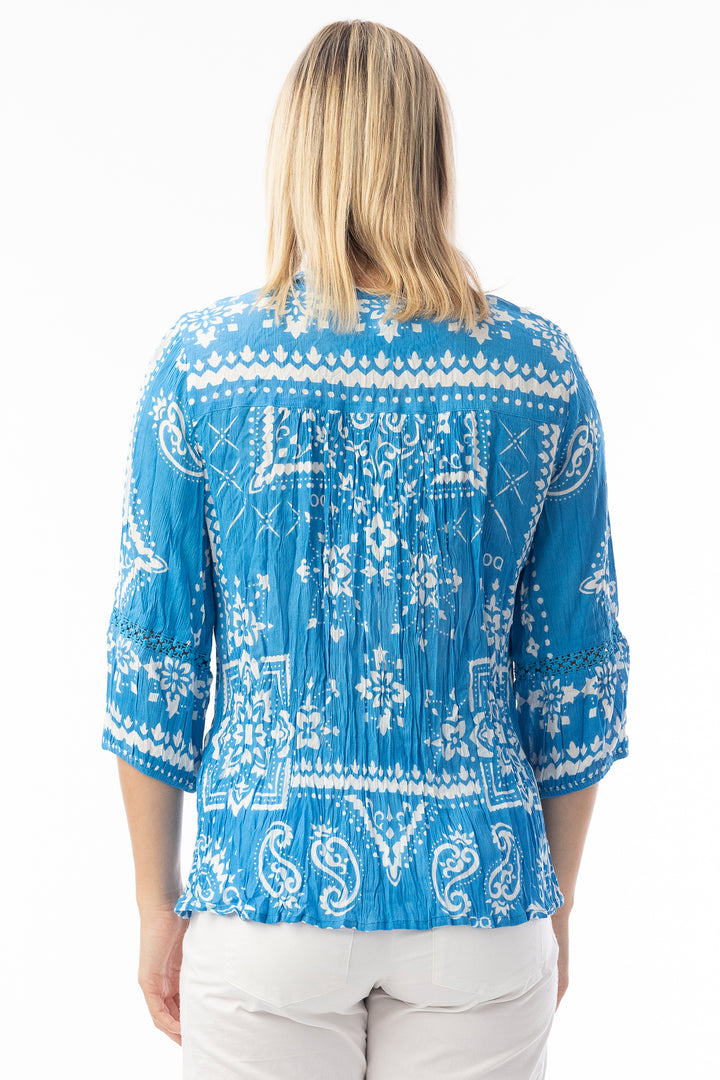 Orientique 82227 Blue Bandana Print Tie Neck Top