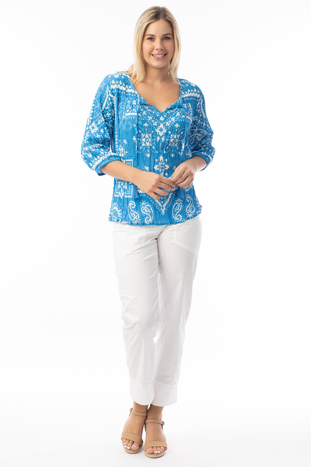 Orientique 82227 Blue Bandana Print Tie Neck Top