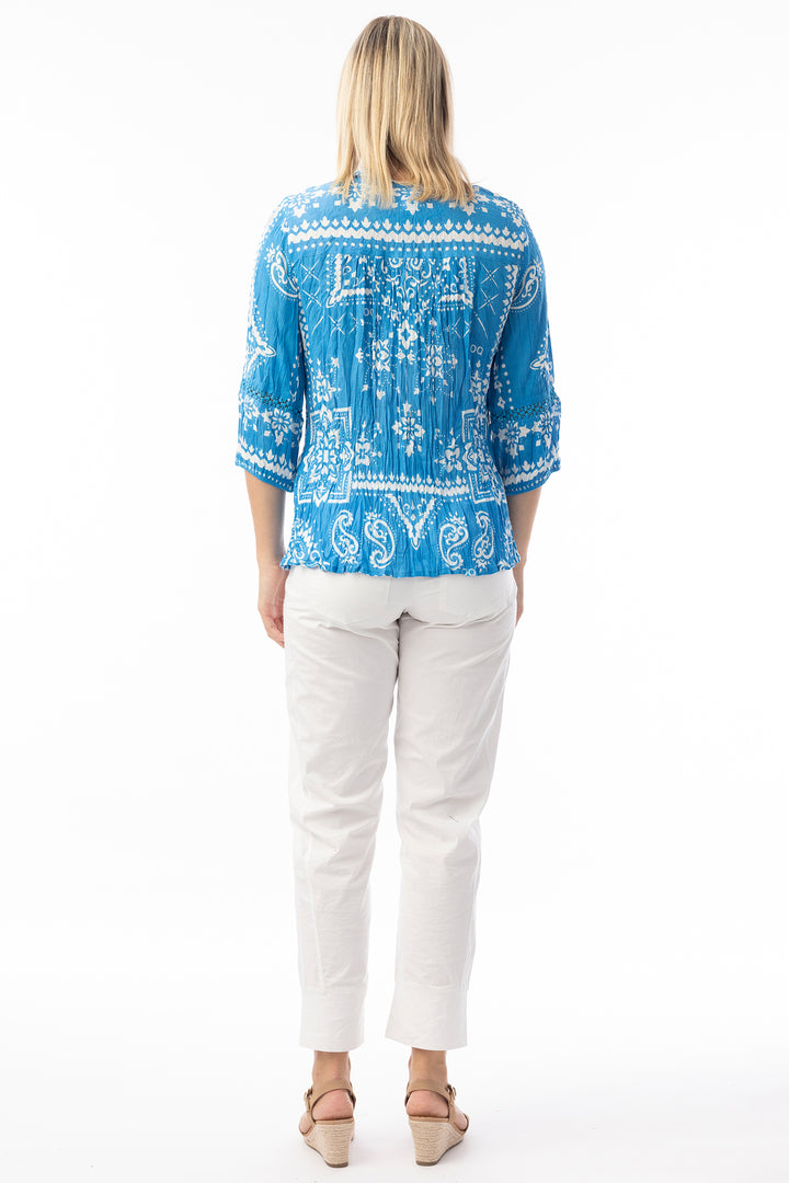Orientique 82227 Blue Bandana Print Tie Neck Top