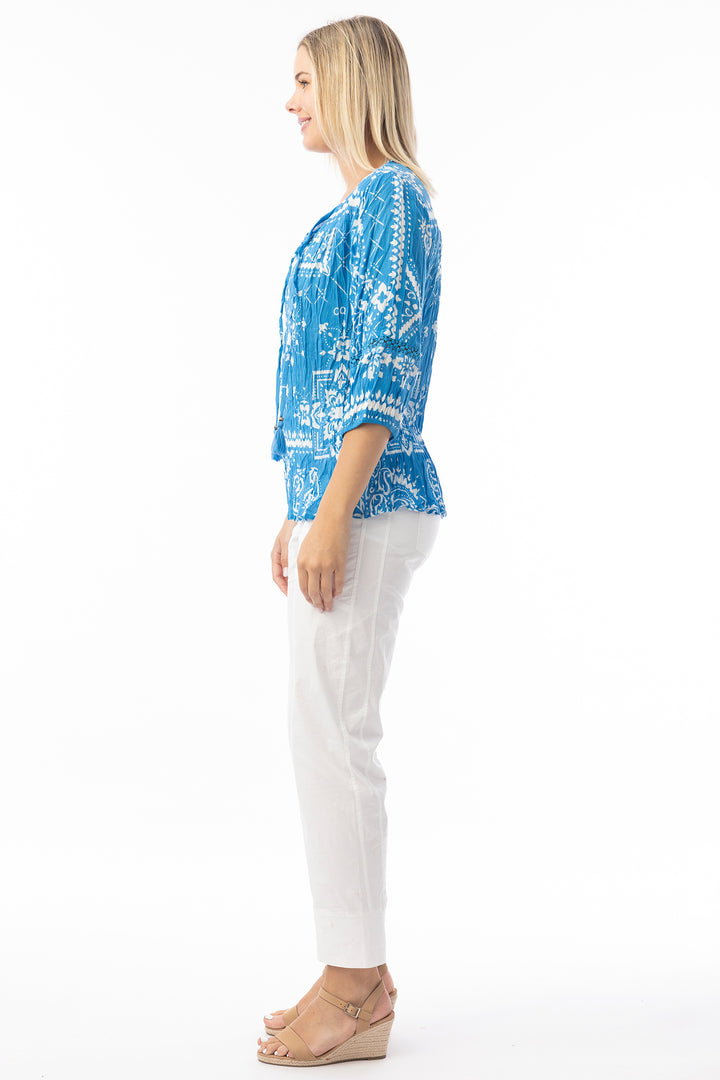Orientique 82227 Blue Bandana Print Tie Neck Top