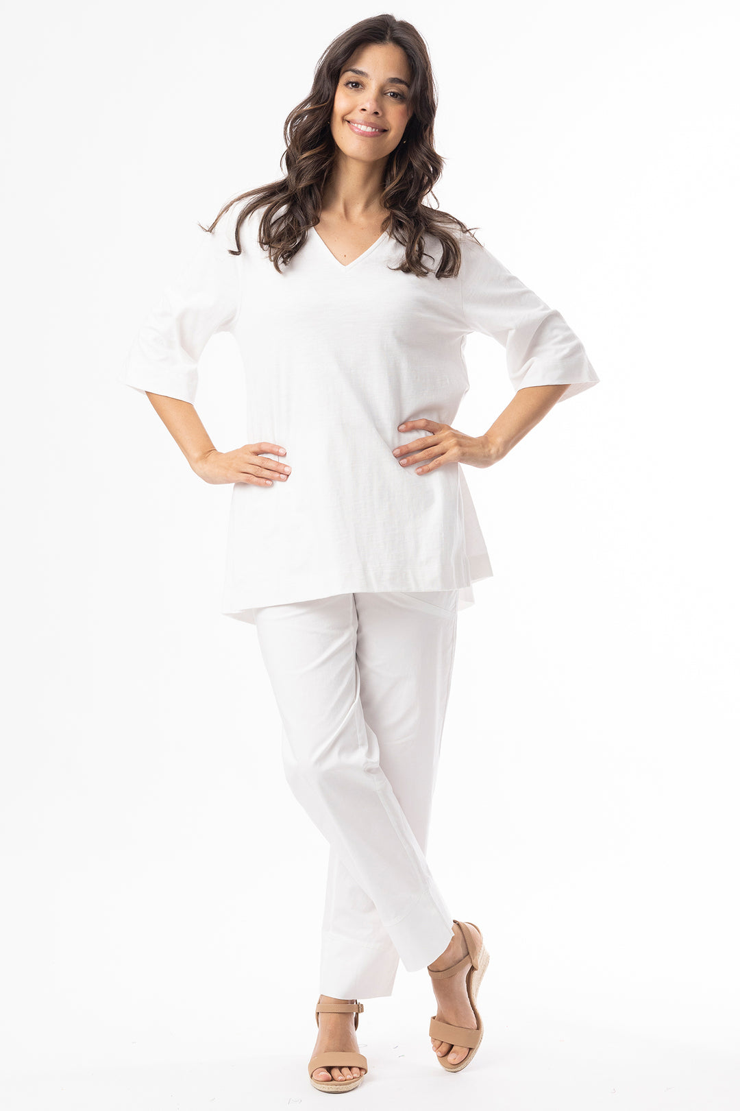 Orientique 92132 White V-Neck Elbow Sleeve T-Shirt