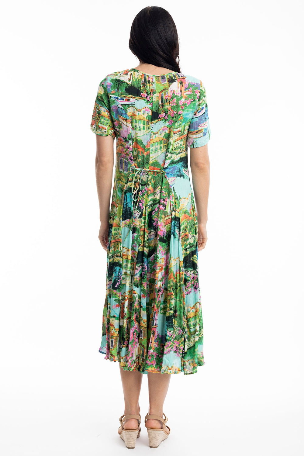 Orientique Bellagio Turquoise Blue Print Godet Dress 40008 - Experience Boutique
