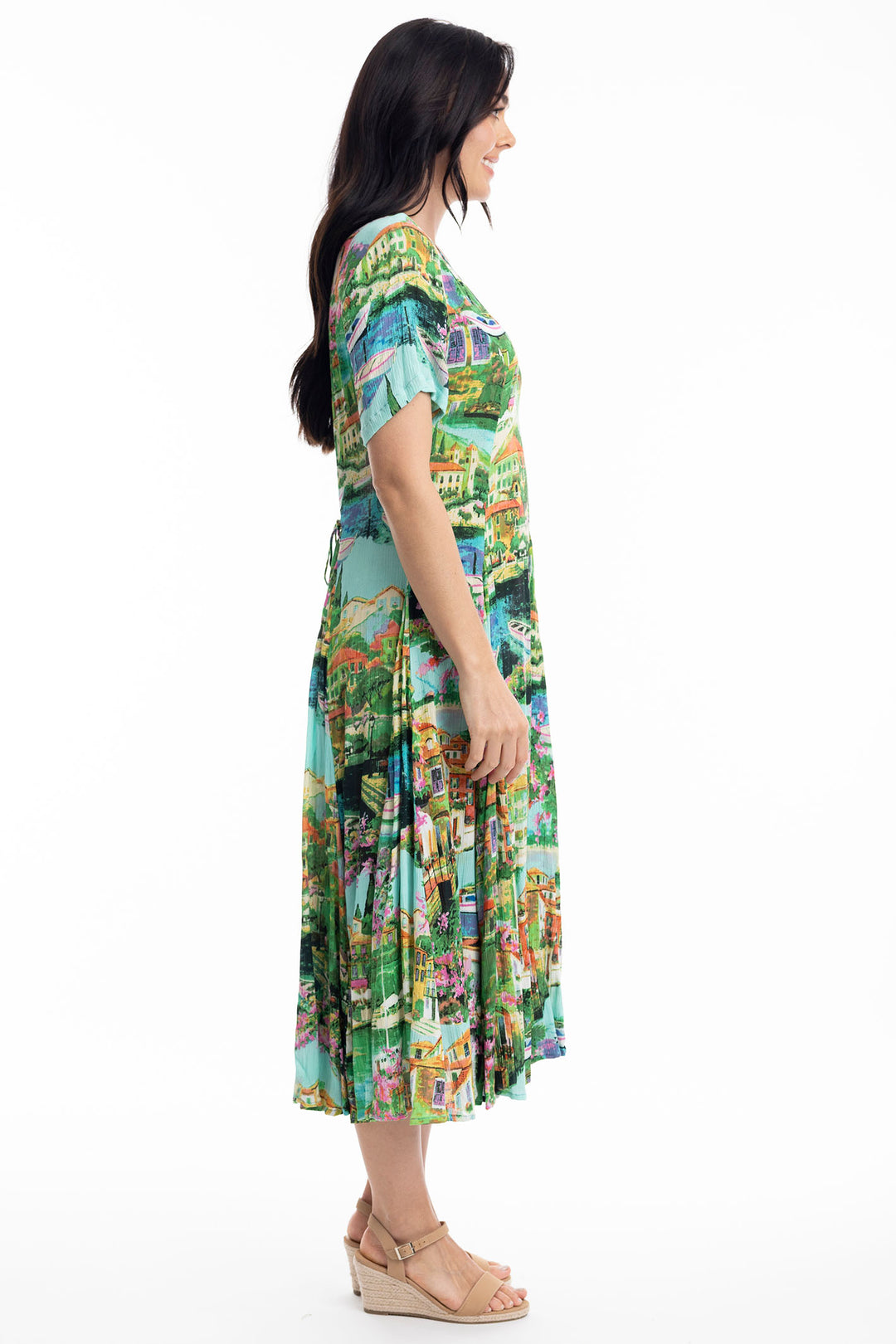 Orientique Bellagio Turquoise Blue Print Godet Dress 40008 - Experience Boutique