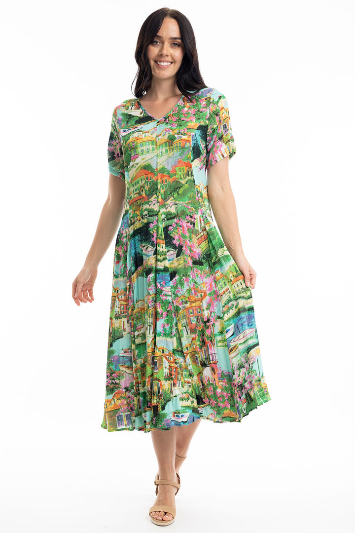 Orientique Bellagio Turquoise Blue Print Godet Dress 40008 - Experience Boutique