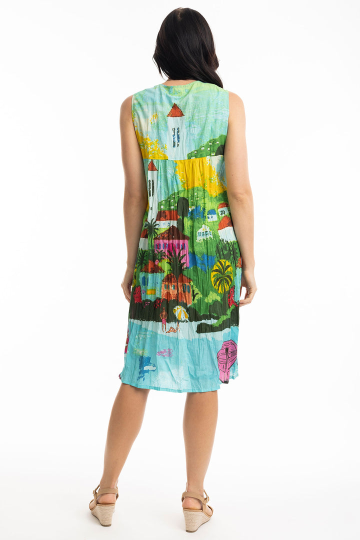 Orientique Carabean Print V neck Pleated Cotton Dress 20059 - Experience Boutique