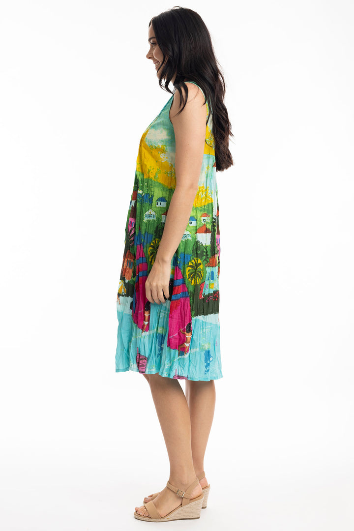 Orientique Carabean Print V neck Pleated Cotton Dress 20059 - Experience Boutique