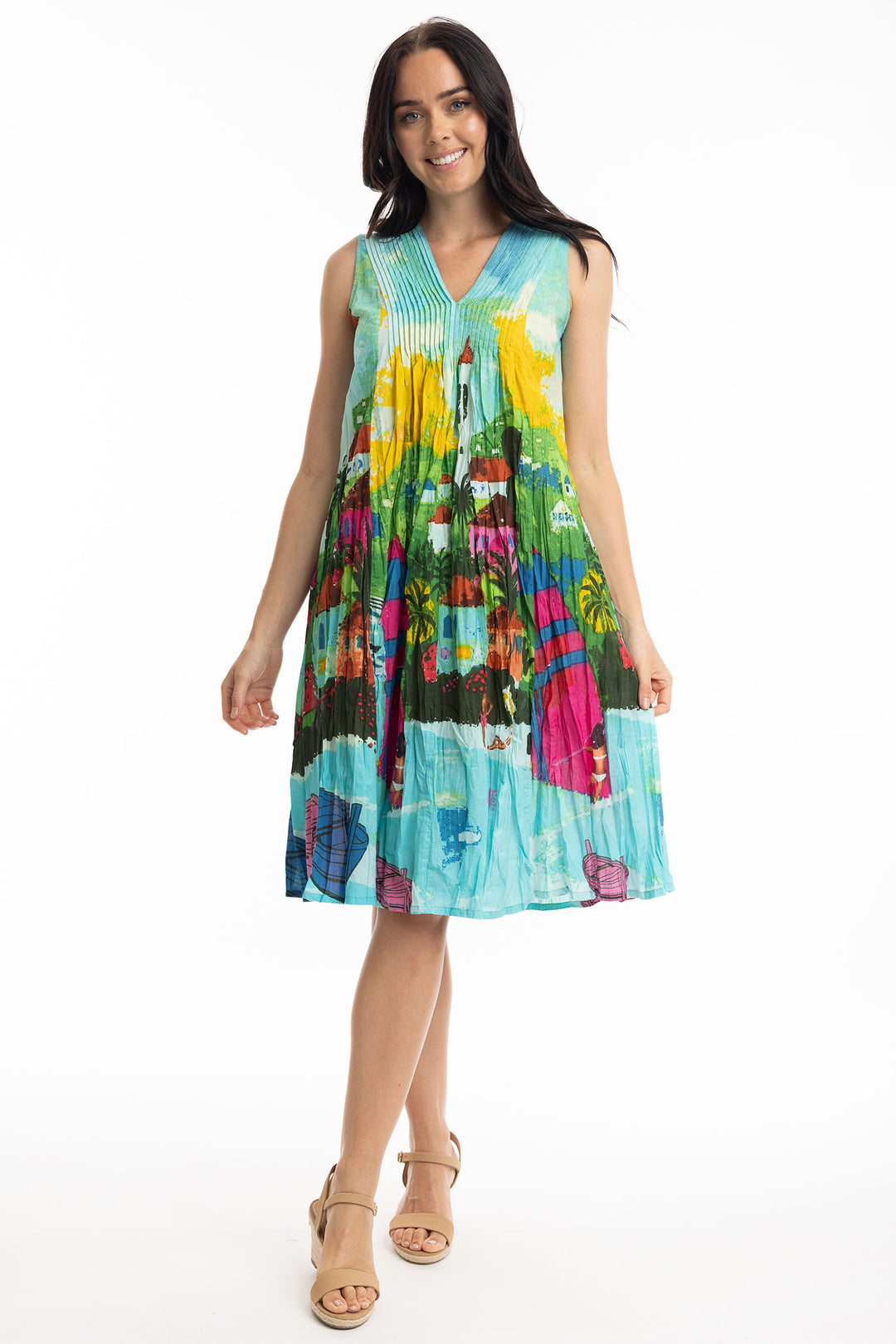 Orientique Carabean Print V neck Pleated Cotton Dress 20059 - Experience Boutique