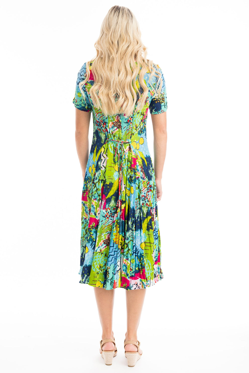 Orientique Elafonissi Abstract Green Print Godet Dress 40013 - Experience Boutique