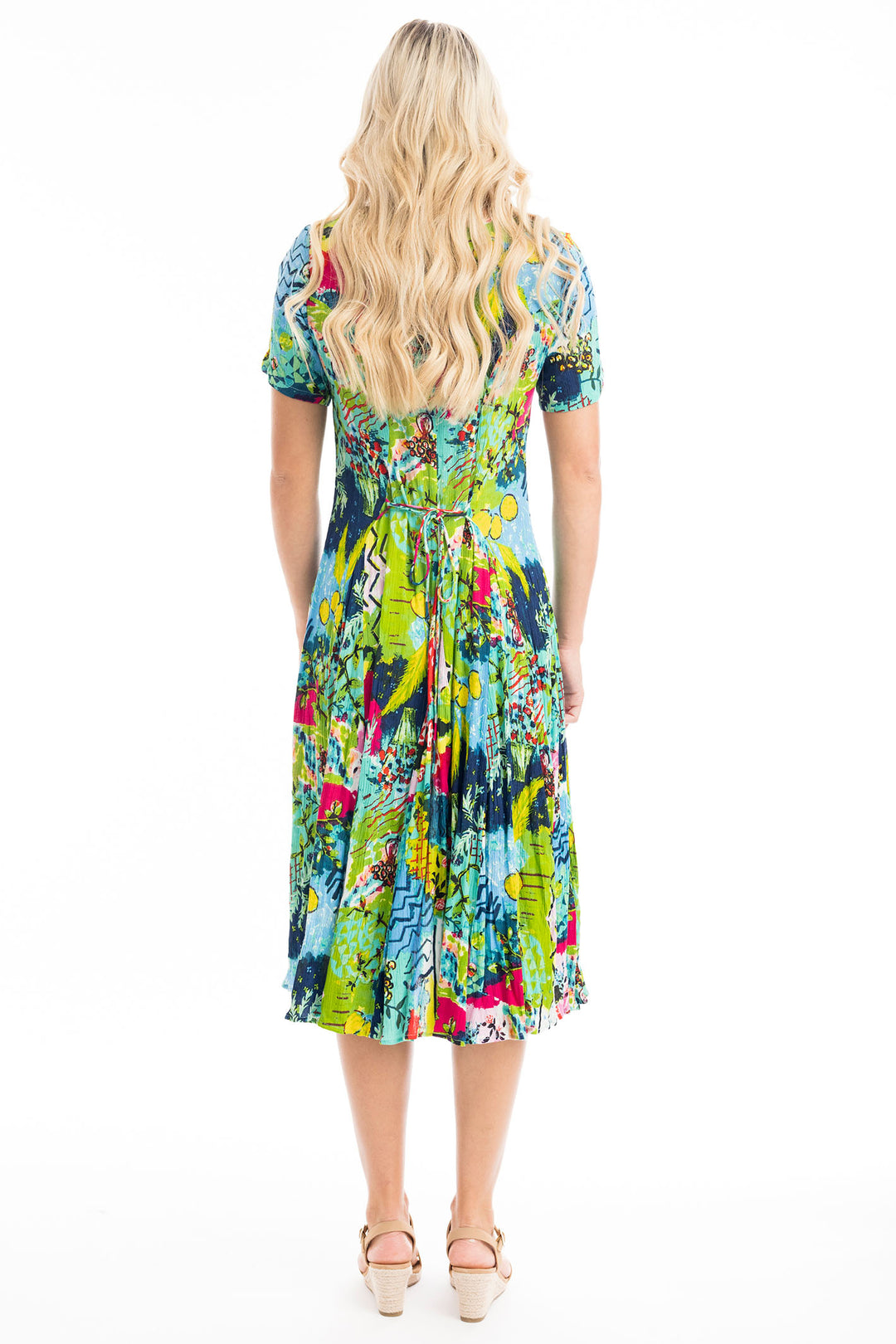Orientique Elafonissi Abstract Green Print Godet Dress 40013 - Experience Boutique