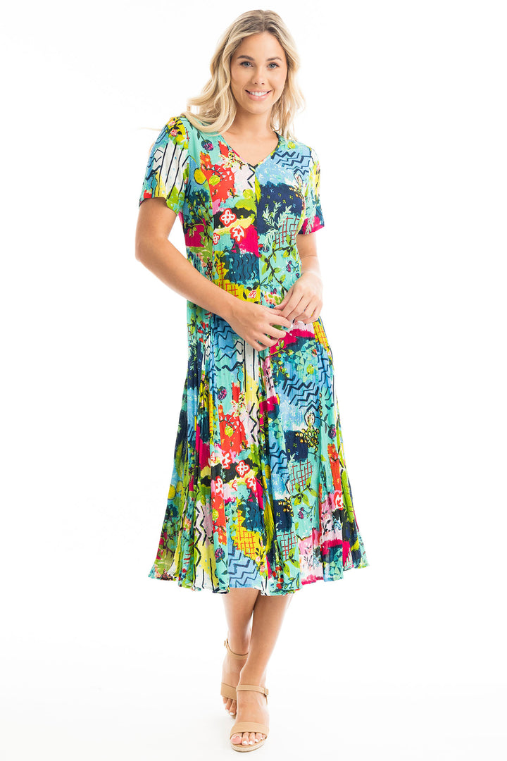 Orientique Elafonissi Abstract Green Print Godet Dress 40013 - Experience Boutique