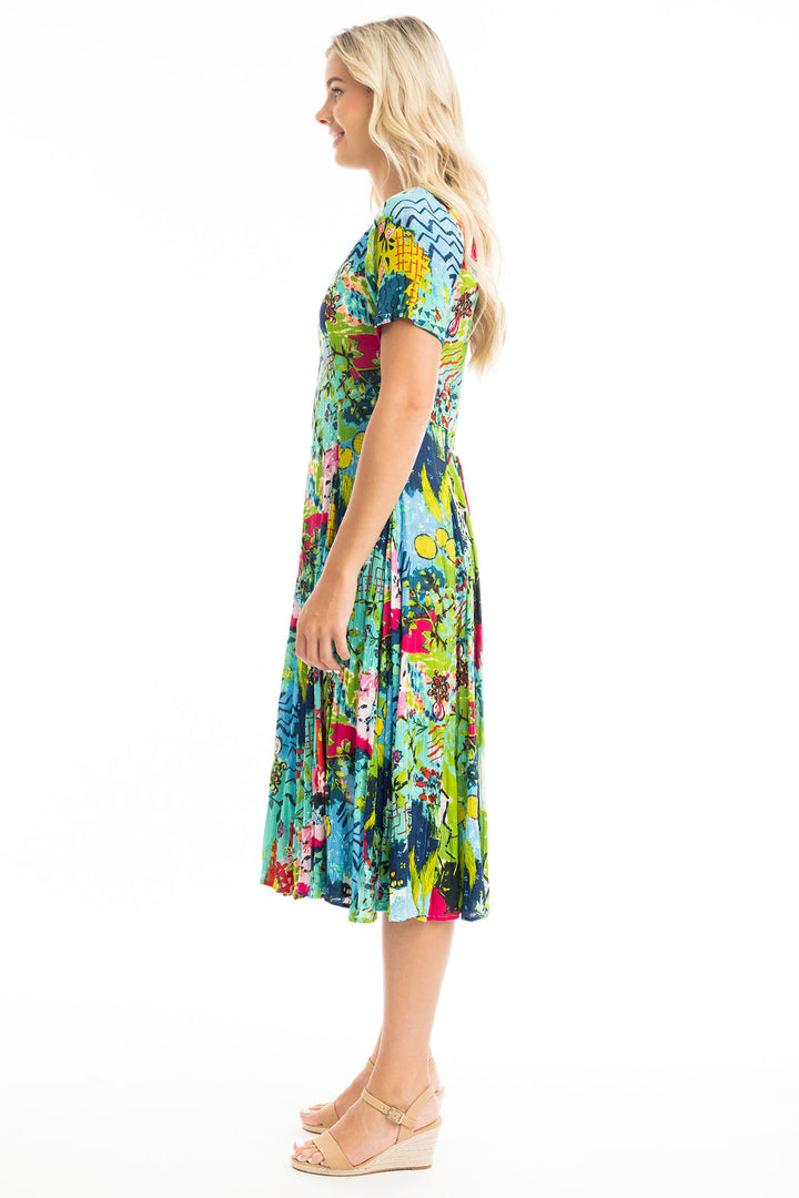 Orientique Elafonissi Abstract Green Print Godet Dress 40013 - Experience Boutique