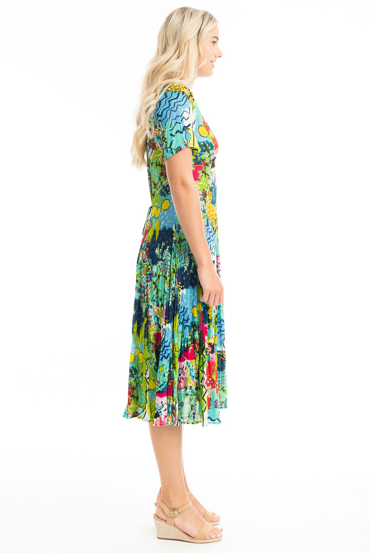Orientique Elafonissi Abstract Green Print Godet Dress 40013 - Experience Boutique