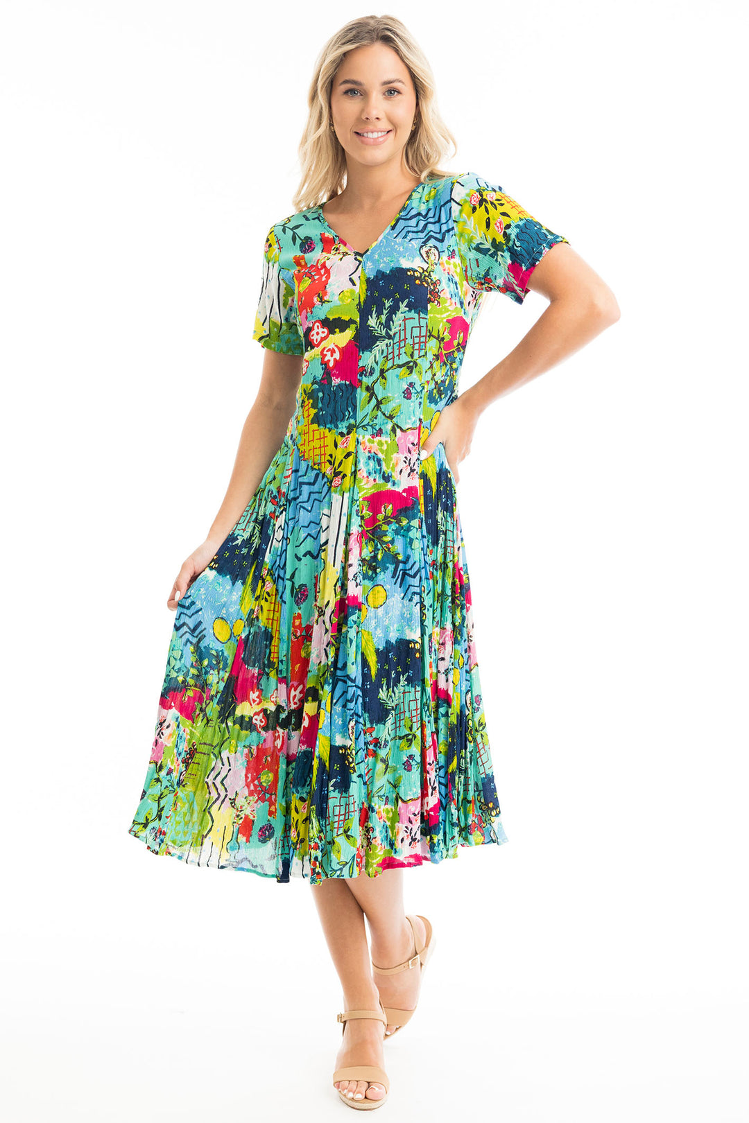 Orientique Elafonissi Abstract Green Print Godet Dress 40013 - Experience Boutique