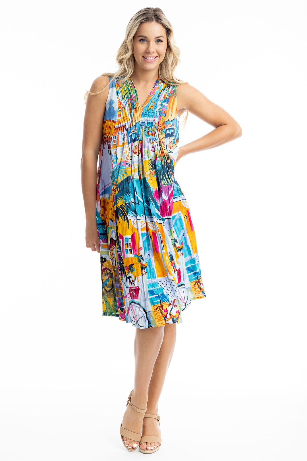 Orientique Florida Print V Neck Pleated Cotton Dress 20059 - Experience Boutique