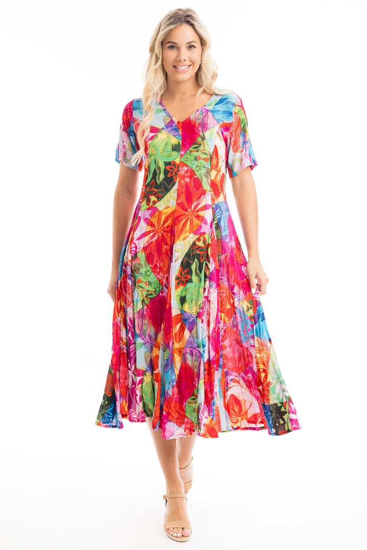 Orientique Jozani Abstract Red Print Godet Dress 30064 - Experience Boutique