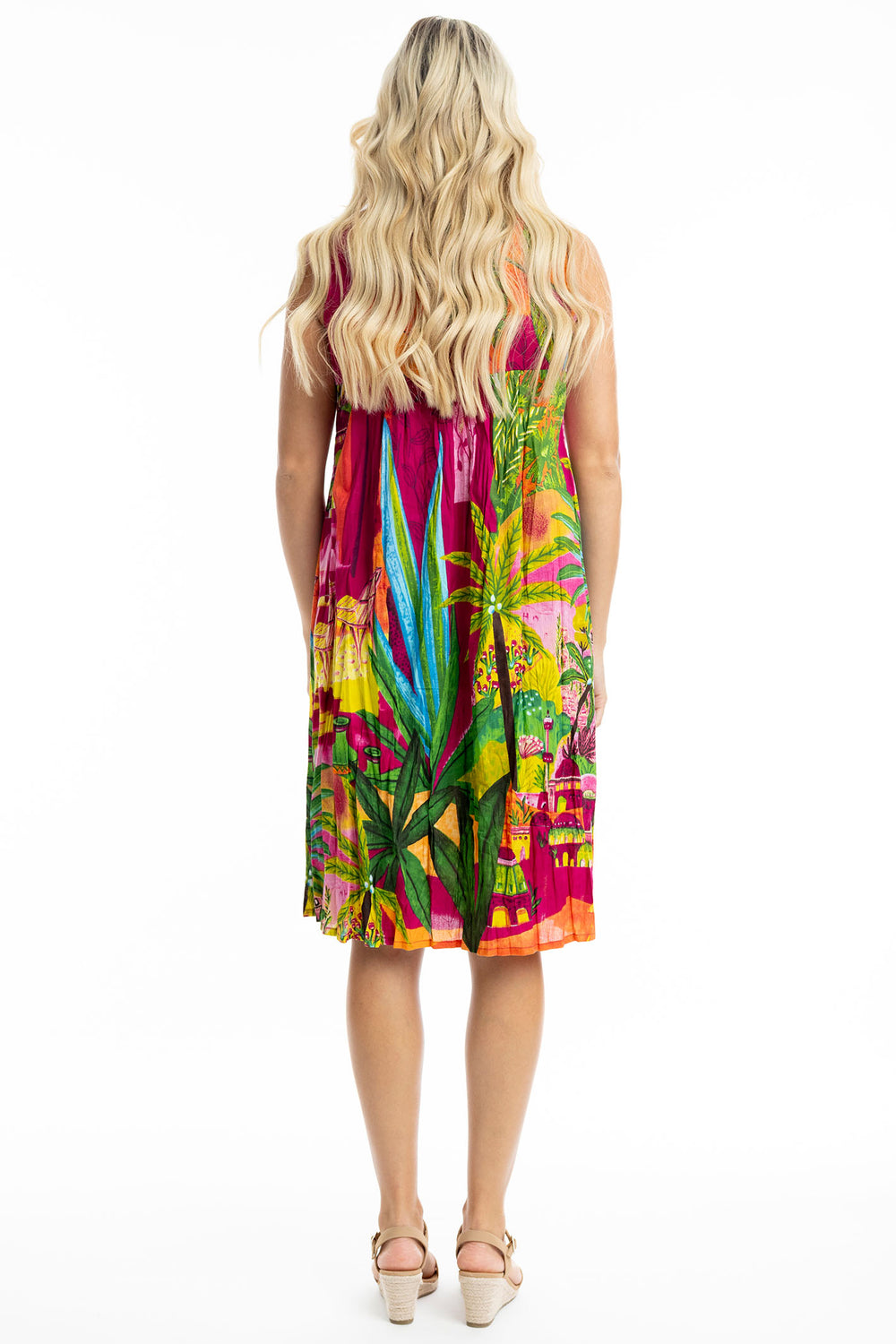 Orientique Marrakesh Print V Neck Pleated Cotton Dress 20059 - Experience Boutique