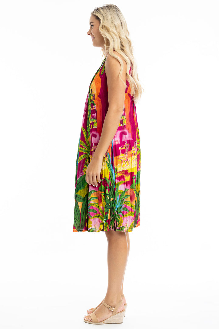 Orientique Marrakesh Print V Neck Pleated Cotton Dress 20059 - Experience Boutique