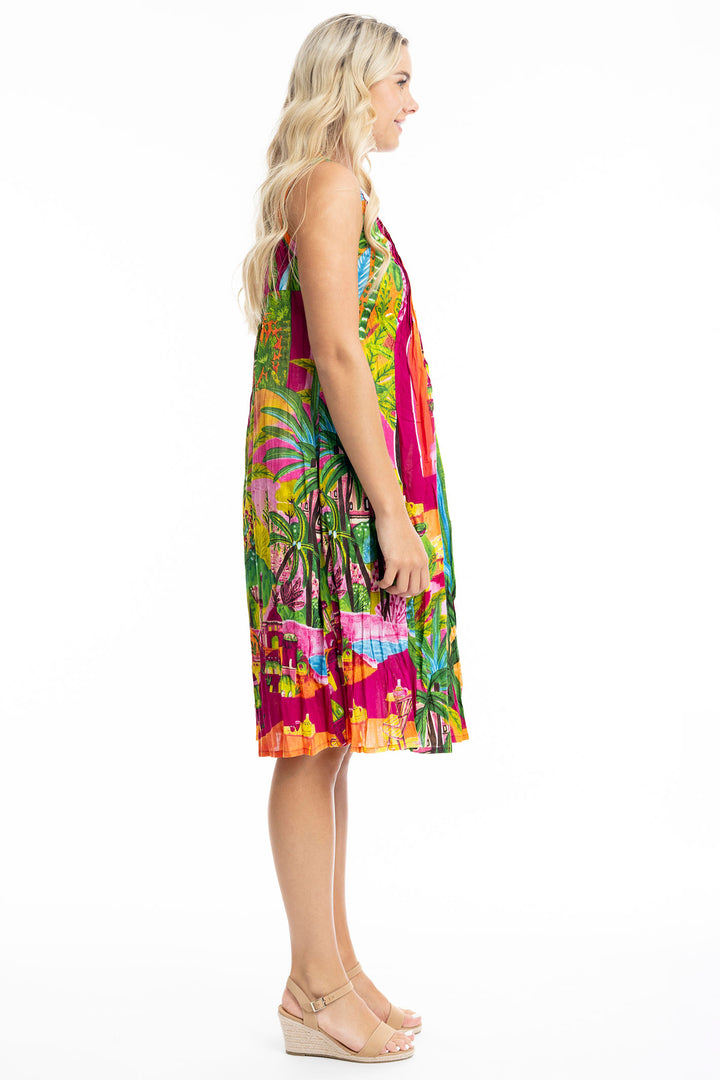 Orientique Marrakesh Print V Neck Pleated Cotton Dress 20059 - Experience Boutique