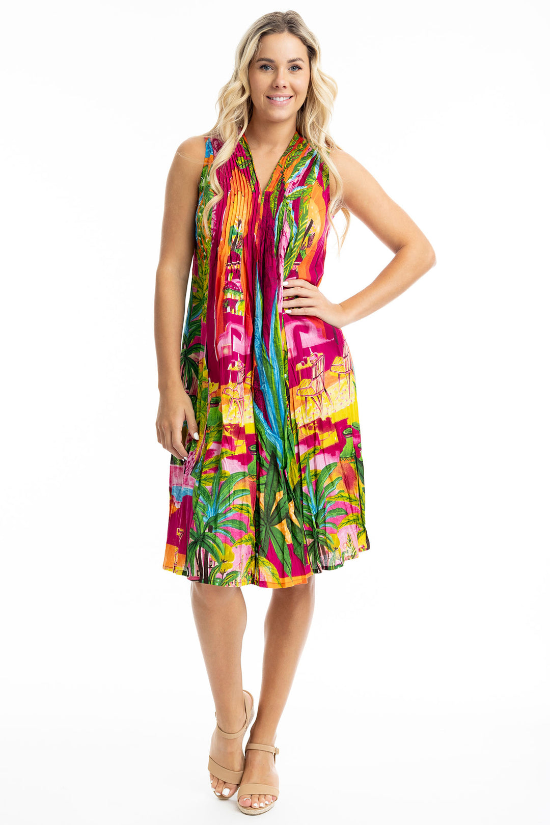 Orientique Marrakesh Print V Neck Pleated Cotton Dress 20059 - Experience Boutique