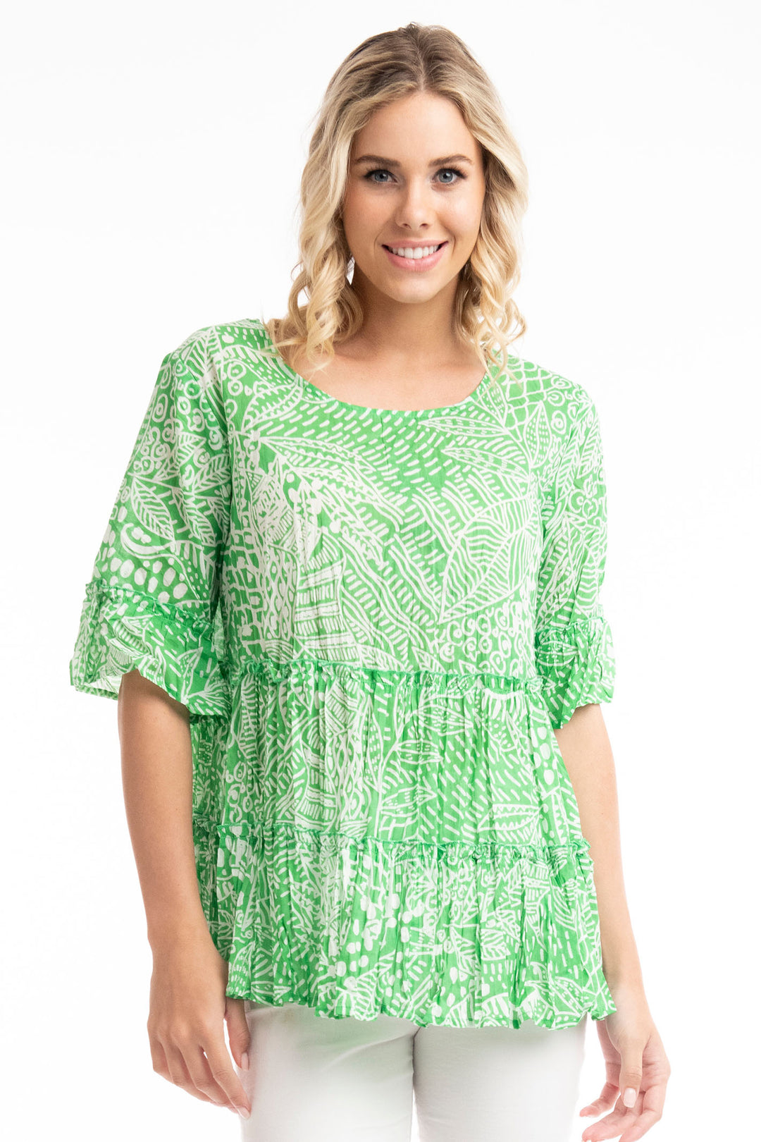 Orientique O4272 Green Leros Layers Frill Sleeve Top - Experience Boutique