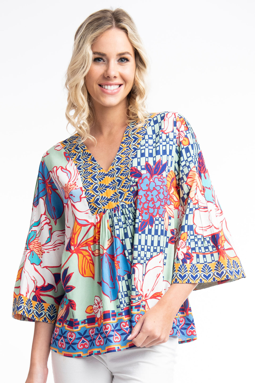Orientique O4276 Icaria Blue Print V-Neck Wide Sleeve Top - Experience Boutique