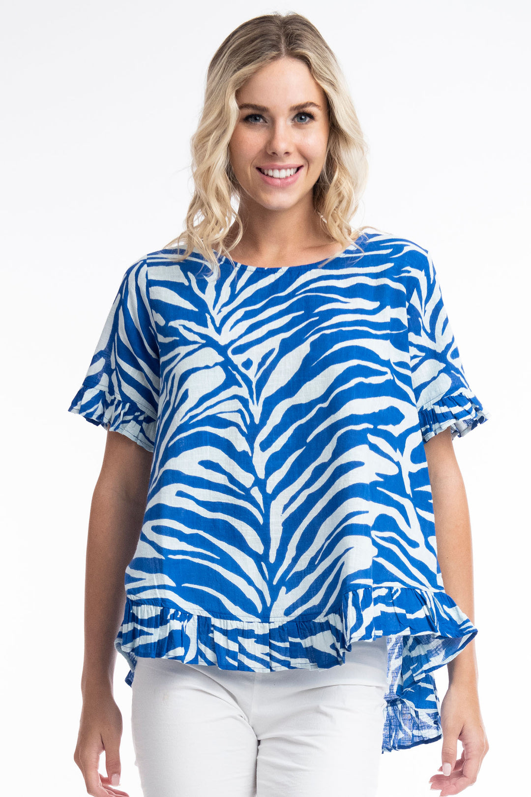 Orientique O62605 Salamis Blue Print Short Sleeve Frill Top - Experience Boutique