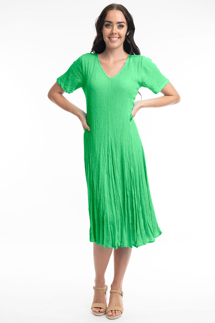 Orientique O81261 Parrot Green Short Sleeve Tie Back Godet Dress - Experience Boutique