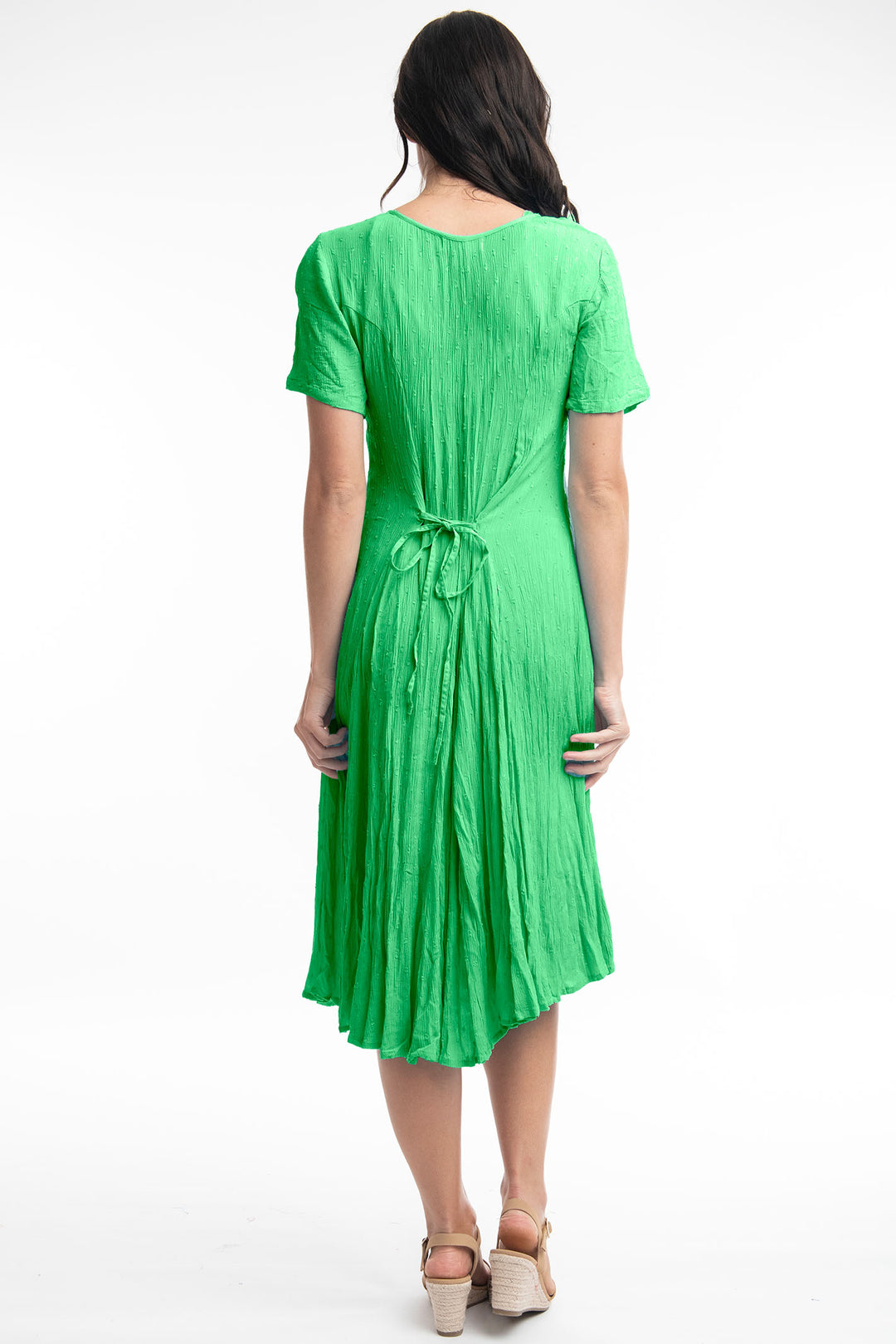 Orientique O81261 Parrot Green Short Sleeve Tie Back Godet Dress - Experience Boutique