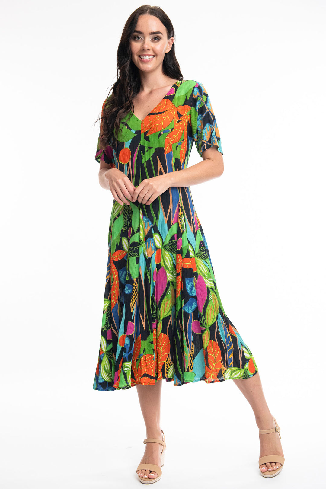 Orientique O9177 Nicossia Black Tropical Print Godet Dress - Experience Boutique