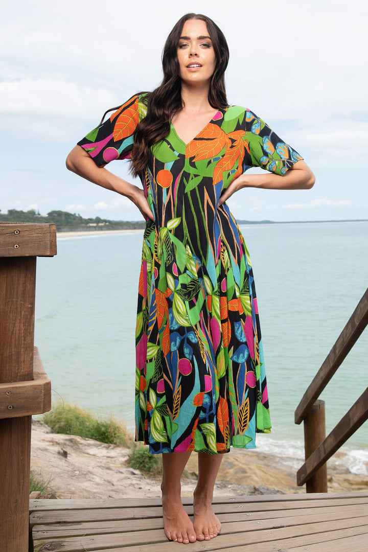 Orientique O9177 Nicossia Black Tropical Print Godet Dress - Experience Boutique