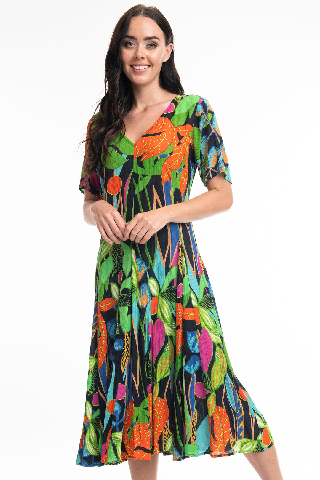 Orientique O9177 Nicossia Black Tropical Print Godet Dress - Experience Boutique