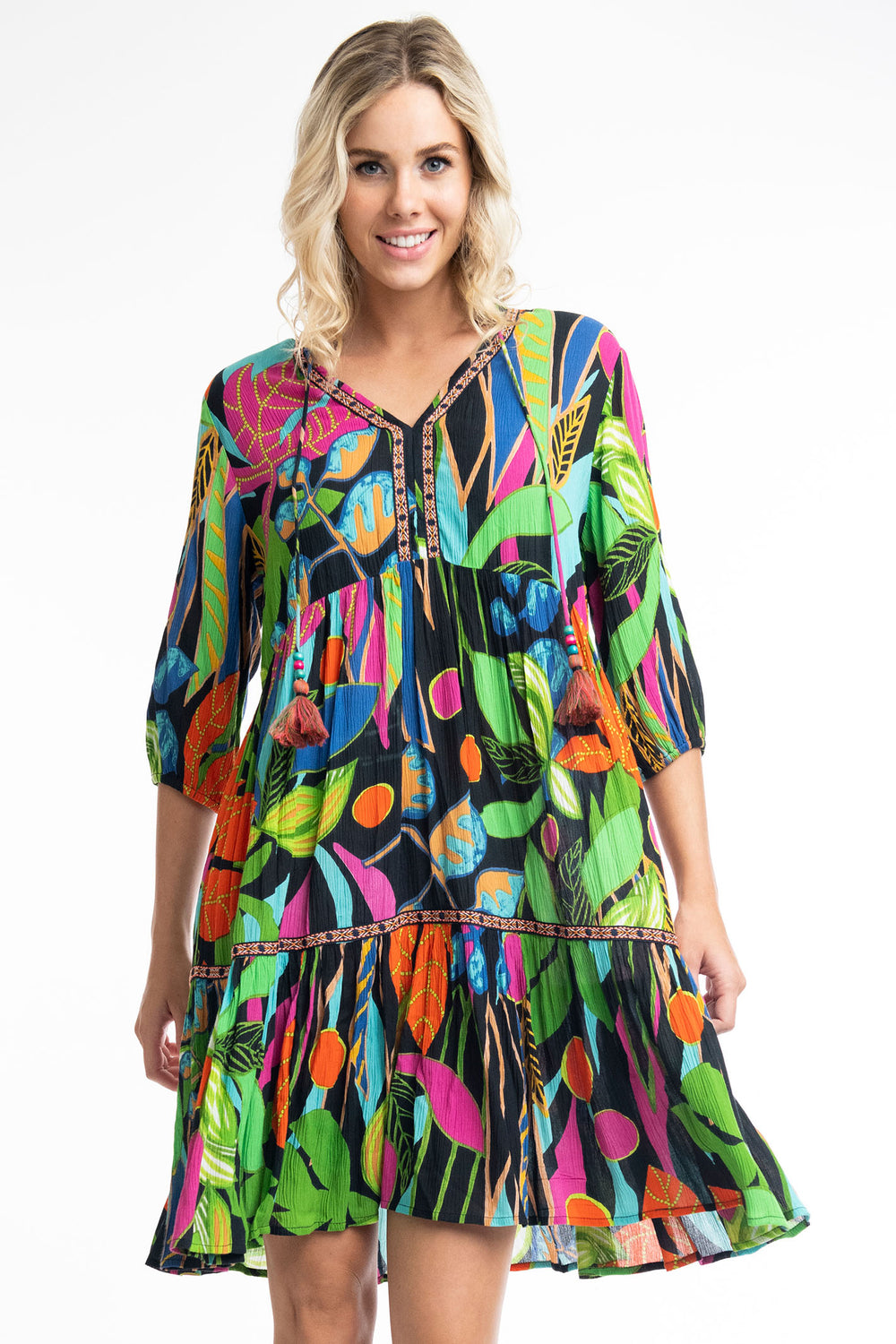 Orientique O9179 Nicossia Black Tropical Print Embellished Dress - Experience Boutique