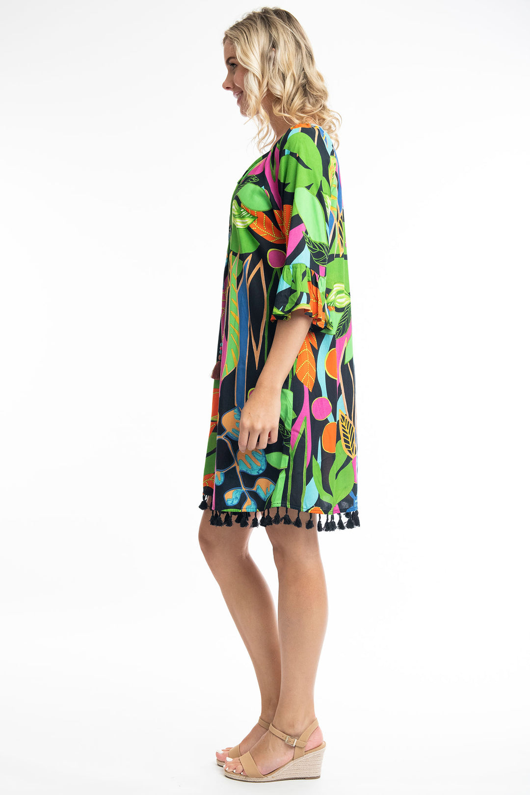 Orientique O9184 Nicossia Black Tropical Print Tassel Dress - Experience Boutique