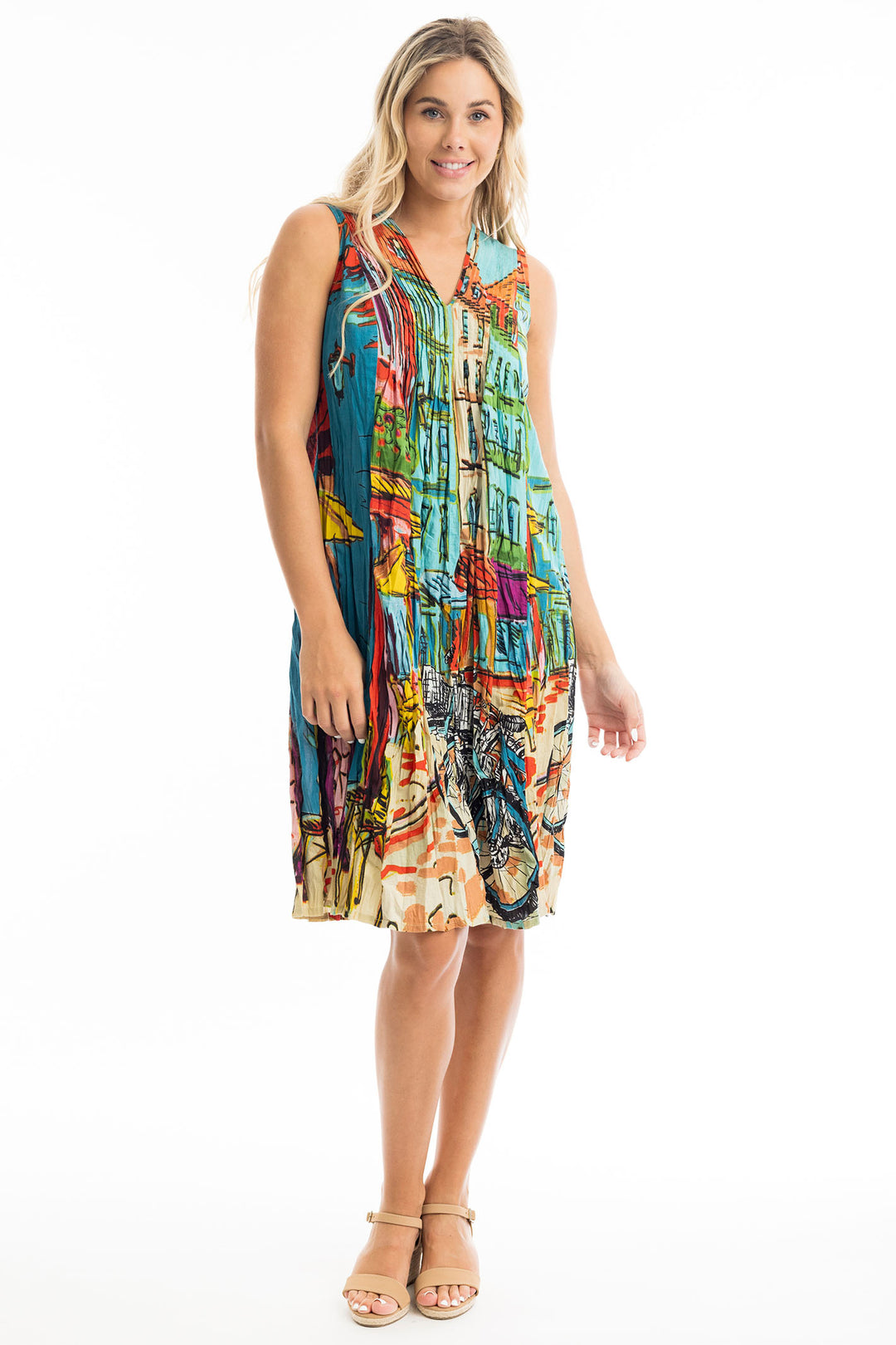 Orientique Paris Streets Print V Neck Pleated Cotton Dress 20059 - Experience Boutique