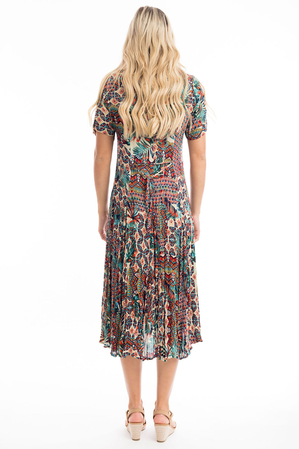 Orientique Rio Teal Brown Print Godet Dress 61698 - Experience Boutique