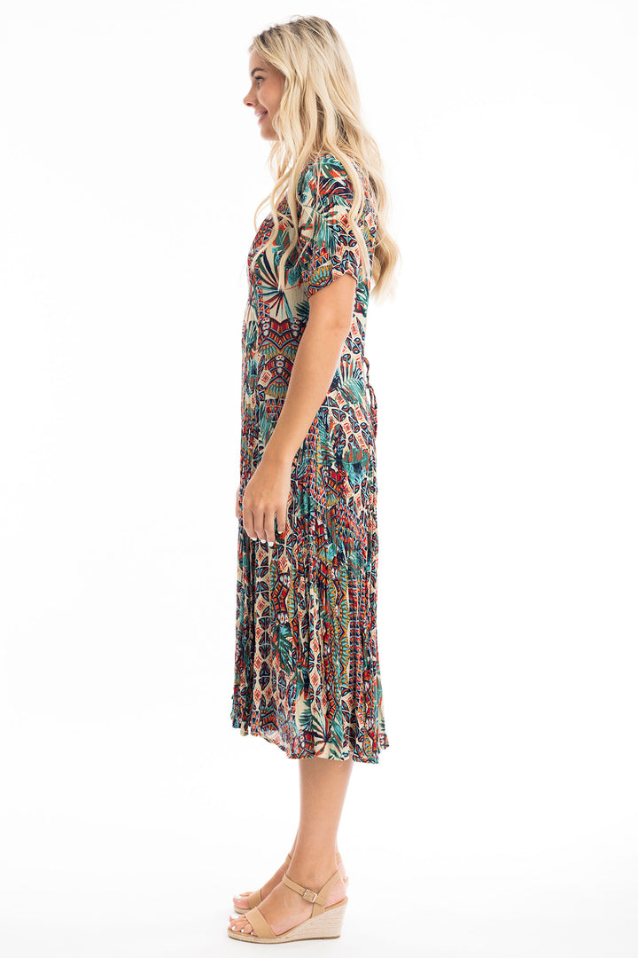Orientique Rio Teal Brown Print Godet Dress 61698 - Experience Boutique