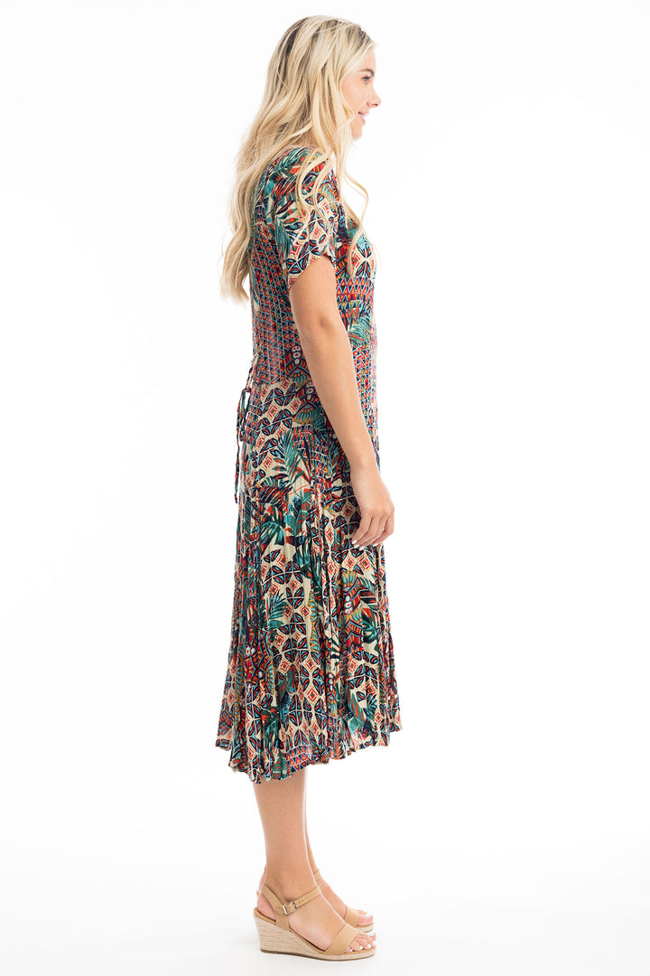 Orientique Rio Teal Brown Print Godet Dress 61698 - Experience Boutique