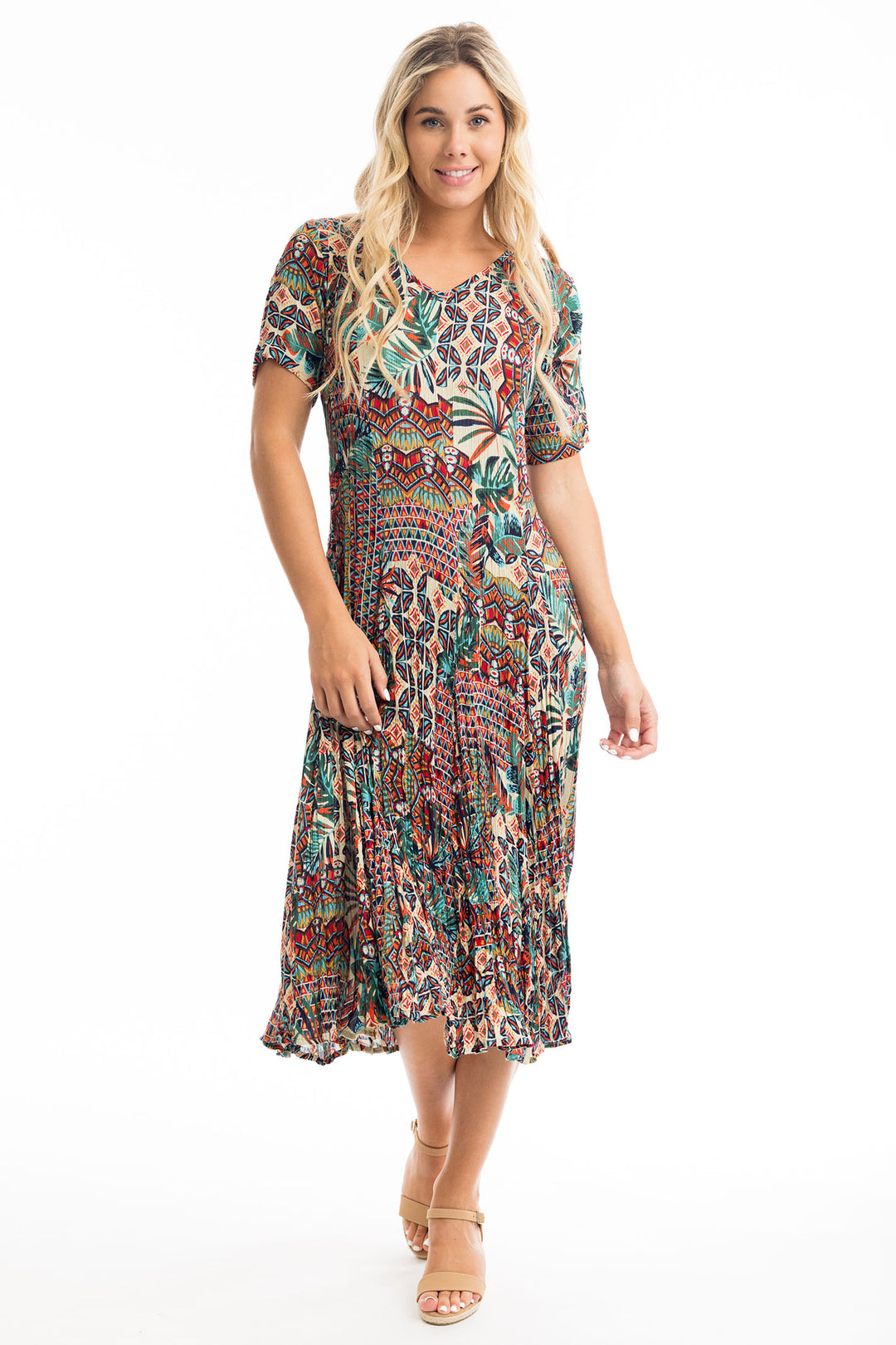 Orientique Rio Teal Brown Print Godet Dress 61698 - Experience Boutique