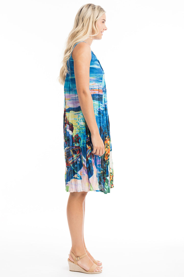Orientique Santorini Print V Neck Pleated Cotton Dress 20059 - Experience Boutique