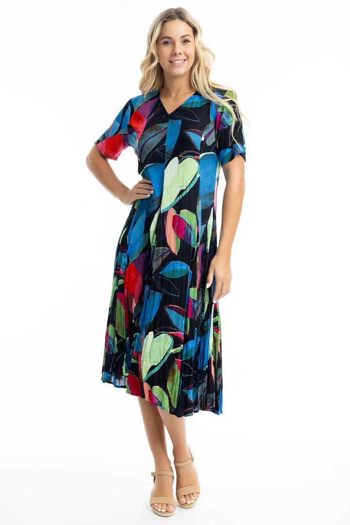 Orientique Seychelles Black Cobalt Blue Print Godet Dress 91009 - Experience Boutique