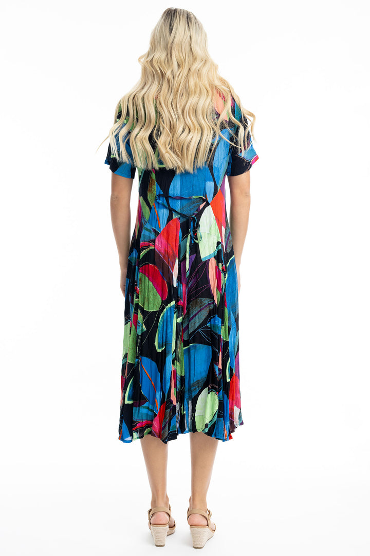 Orientique Seychelles Black Cobalt Blue Print Godet Dress 91009 - Experience Boutique