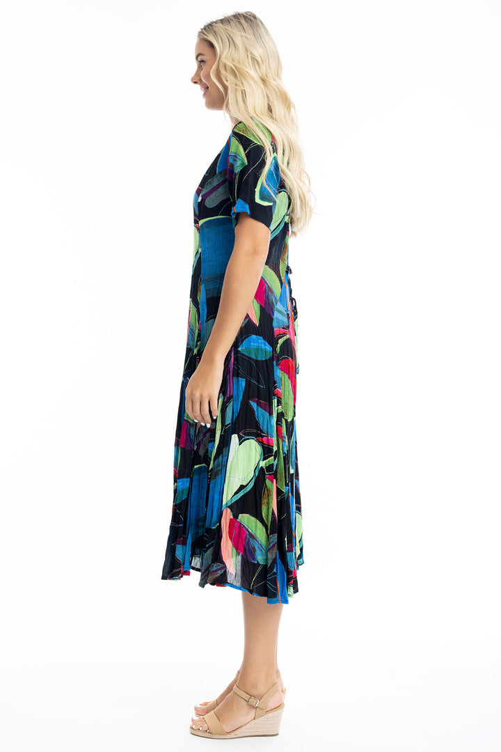 Orientique Seychelles Black Cobalt Blue Print Godet Dress 91009 - Experience Boutique