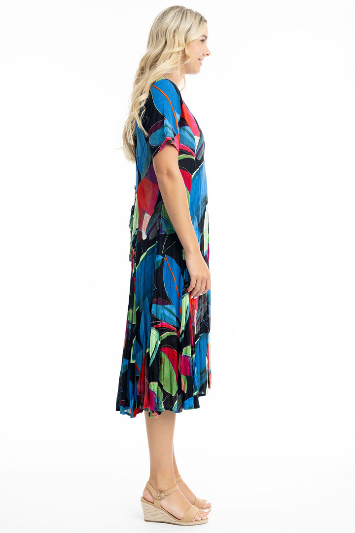 Orientique Seychelles Black Cobalt Blue Print Godet Dress 91009 - Experience Boutique