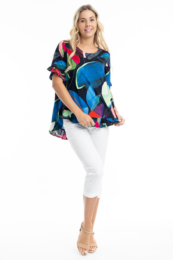 Orientique Seychelles Print Frill Hem Top 9236 - Experience Boutique