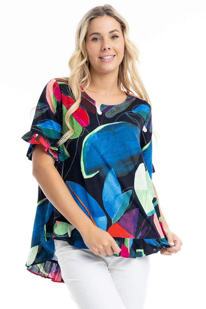 Orientique Seychelles Print Frill Hem Top 9236 - Experience Boutique