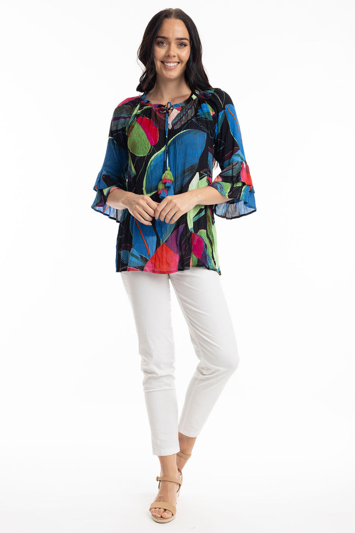 Orientique Seychelles Print Frill Sleeve Top 9235 - Experience Boutique